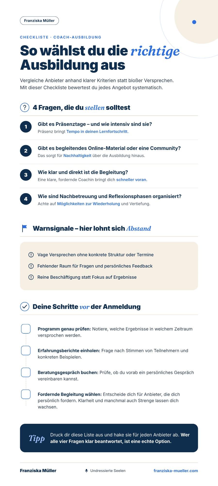 Checkliste zur pferdegestützten Coaching Ausbildung mit Fragen, Warnsignalen und Schritten vor der Anmeldung.