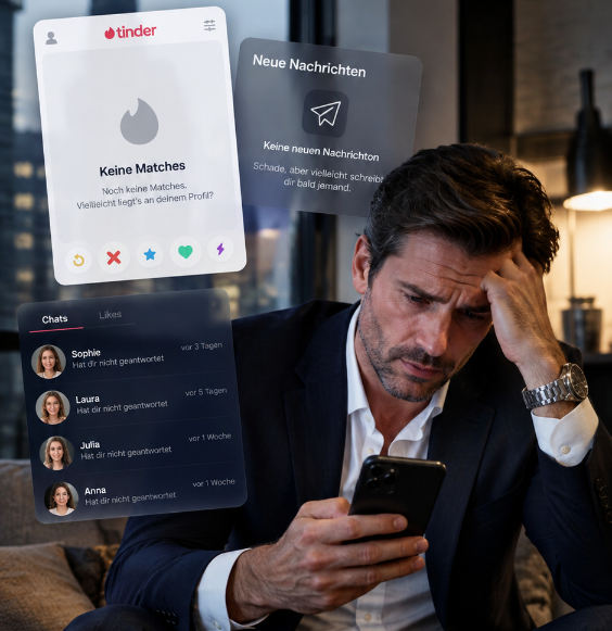Mann im Anzug schaut frustriert auf sein Handy, während er die Dating-App öffnet.
