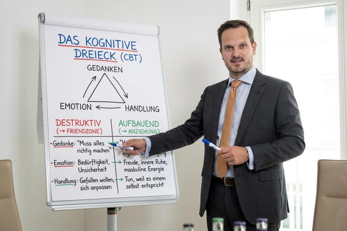 Ein Unternehmer erklärt das kognitive Dreieck mit den Ebenen Gedanken, Emotion und Handlung.