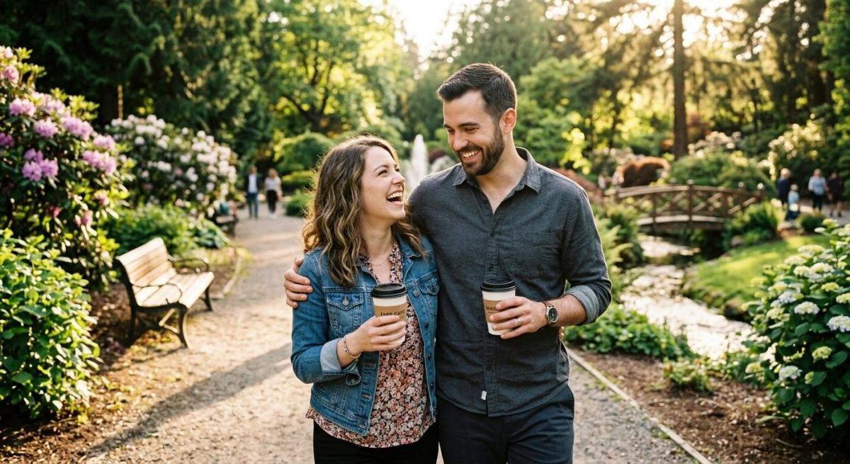 Paar im Park zeigt Begeisterung beim Dating mit lächelnden Gesichtern.