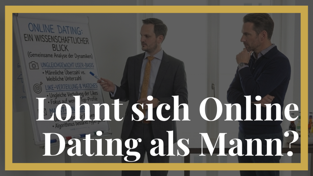 Zwei Männer diskutieren über Online Dating als Mann bei einer Präsentation.