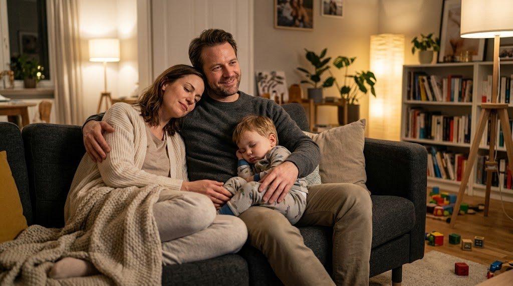 Ein Paar mit Kind genießt die Work-Life-Balance beim Entspannen auf dem Sofa.