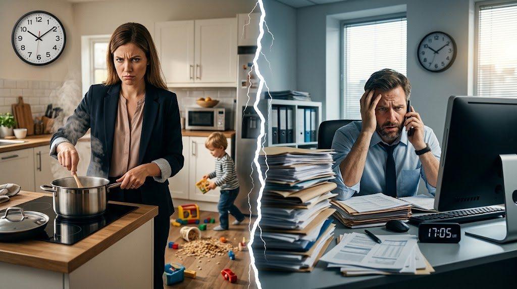 Eine Frau kocht im Wohnzimmer, während ein gestresster Mann im Büro arbeitet. Work-Life-Balance illustrativ.