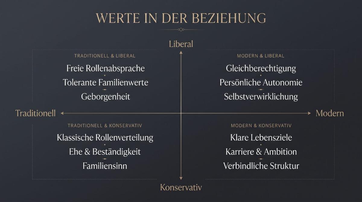 Schaubild zu Werten in der Beziehung mit Achsen für liberal und konservativ sowie traditionell und modern.