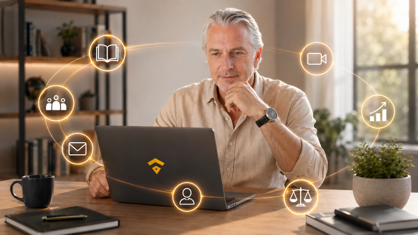 Mann arbeitet am Laptop für die Defi Academy von Thorsten Koch.