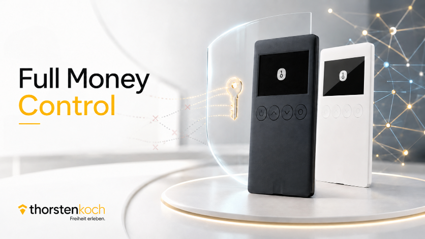 Das Bild zeigt schwarze und weiße Hardware-Wallets für Full Money Control.