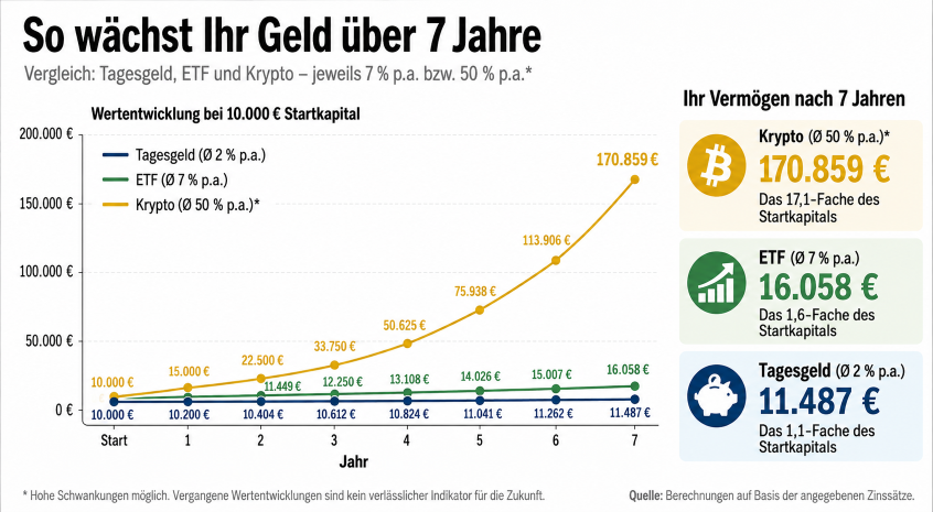 Grafik zur Wertentwicklung von 10.000 Euro Startkapital über sieben Jahre bei unterschiedlichen Anlageformen.