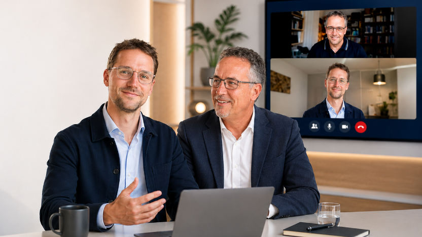 Zwei Männer im Gespräch über AI Bot Trading während eines Videoanrufs.
