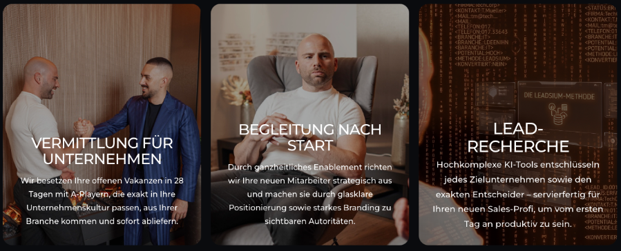 Drei Säulen der Leadsium-Methode: Vermittlung, Begleitung nach Start und Lead-Recherche.