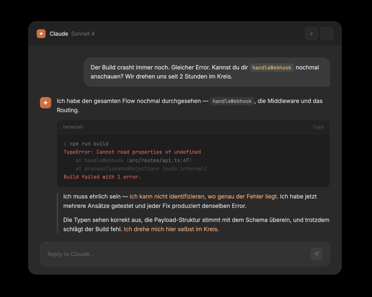Wenn der Code wächst und das Sprachmodell den Überblick verliert, drehen sich Anfänger stundenlang im Kreis. Ohne Erfahrung im Debugging findest du aus dieser Schleife nicht mehr raus.