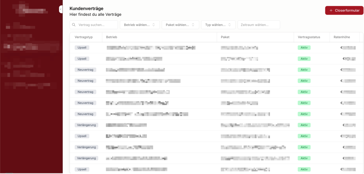 (Kundenprojekt) Beispiel für ein Interface, das Vertragsdaten visualisiert und als Web-App funktioniert – interaktive Dropdowns, filterbare Ansichten, Berechtigungseinstellungen und deutlich mehr Funktionen als ein Google Sheet.