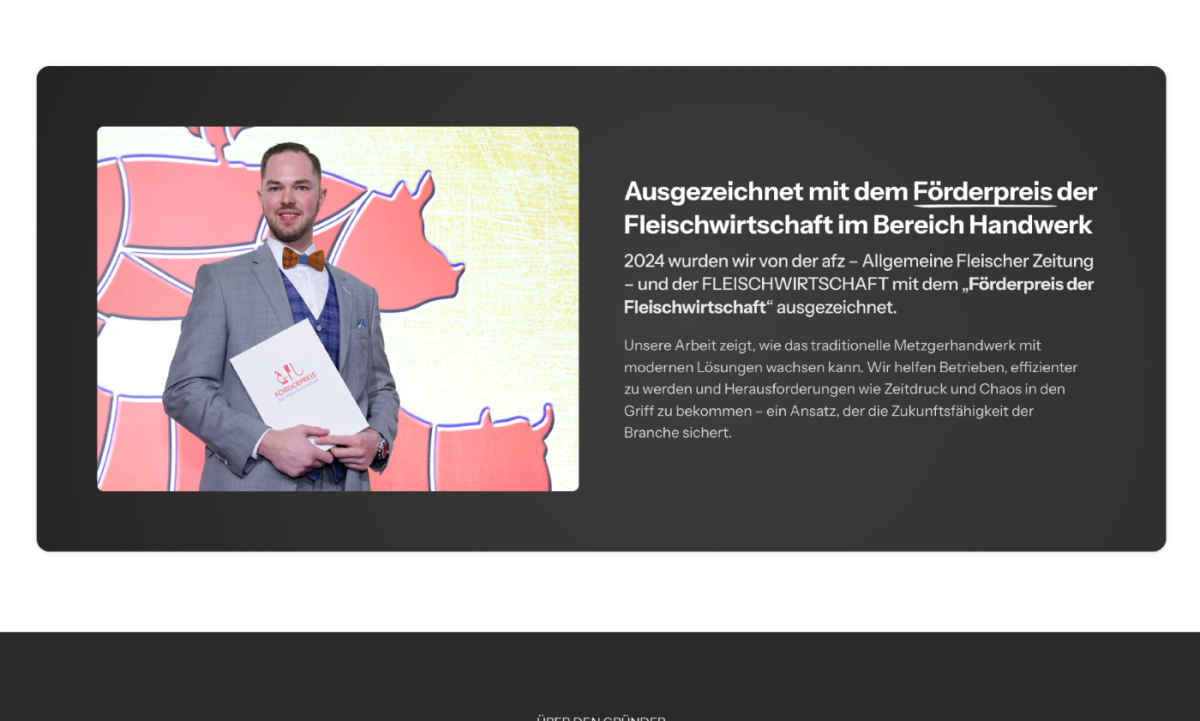 Marktführer im Metzger-Coaching. Ausgezeichnet 2024 mit dem Förderpreis der Fleischwirtschaft durch afz und FLEISCHWIRTSCHAFT.