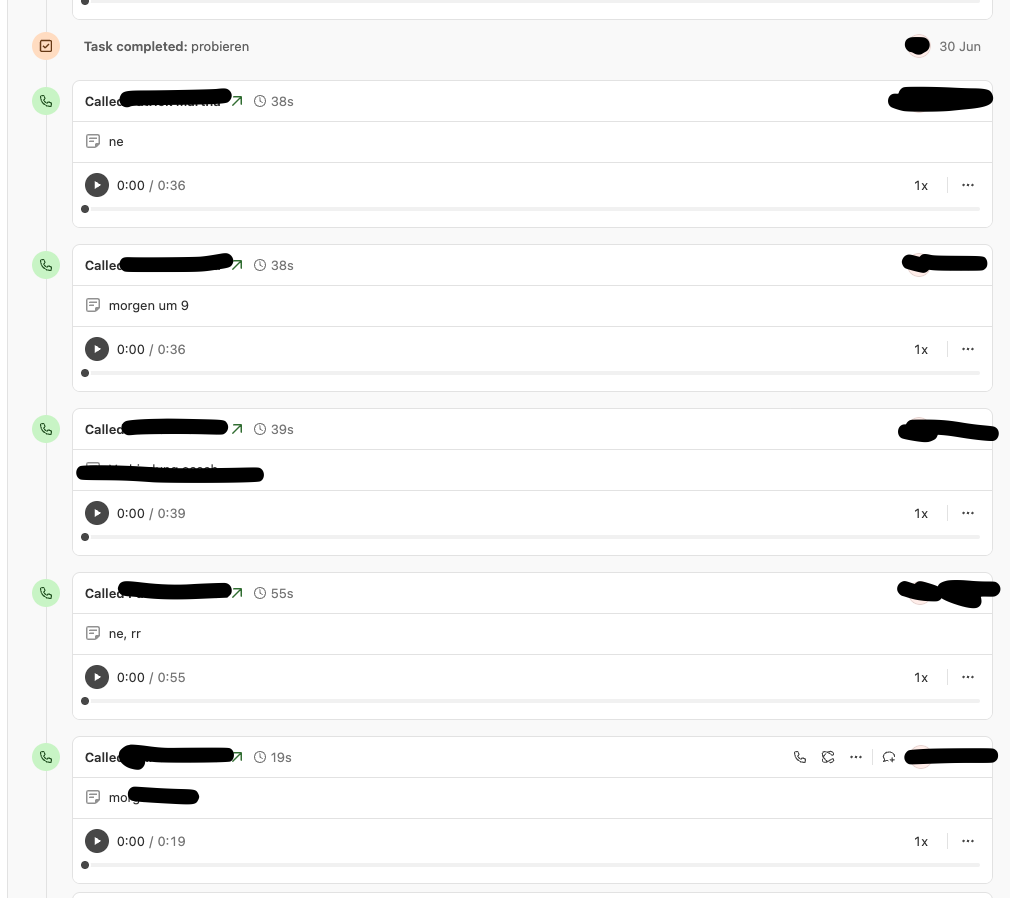 Liste der Kaltakquise-Anrufe zeigt erfolglose Telefonate und Rückmeldungen.