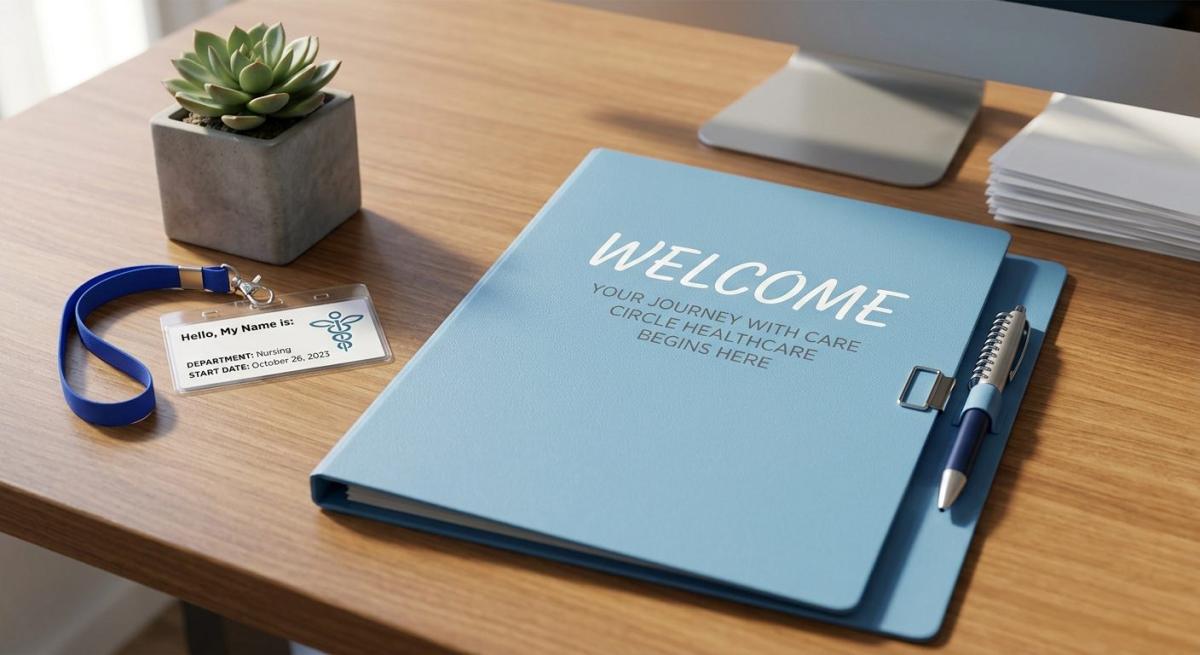 Willkommensmappe für das Onboarding ausländischer Fachkräfte auf einem Schreibtisch.