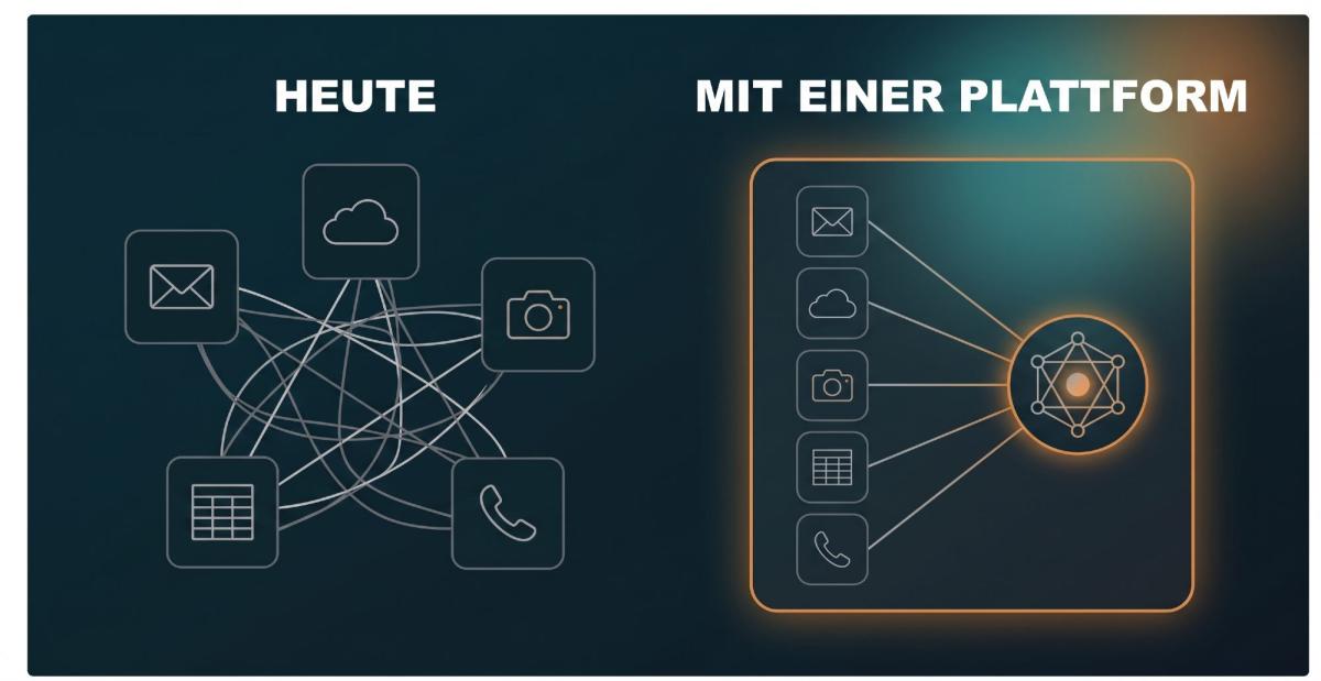 Grafik zeigt den Unterschied zwischen isolierten Tools und Microsoft 365 für Handwerksbetriebe.