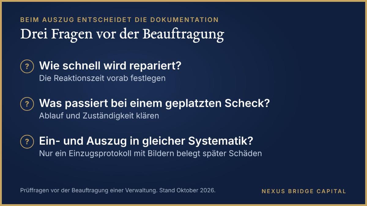 Property Management Dubai: Infografik mit drei Fragen zu Reparaturen, geplatzten Mietchecks und Ein- und Auszugsprotokollen.