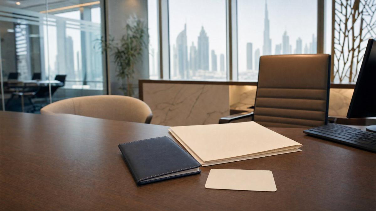 Bankkonto Dubai: Scheckunterlagen auf einem Bürotisch vor großen Fenstern mit Blick auf die Skyline.