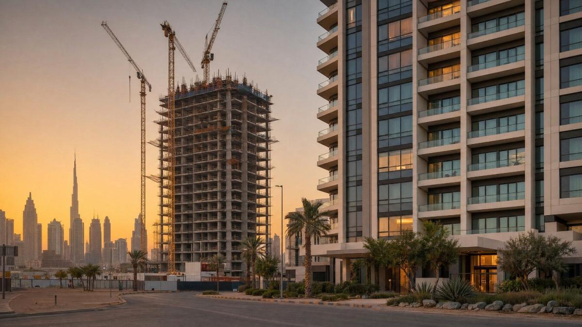 Bauprojekt in Dubai mit Off-Plan-Provisionen im Vordergrund.