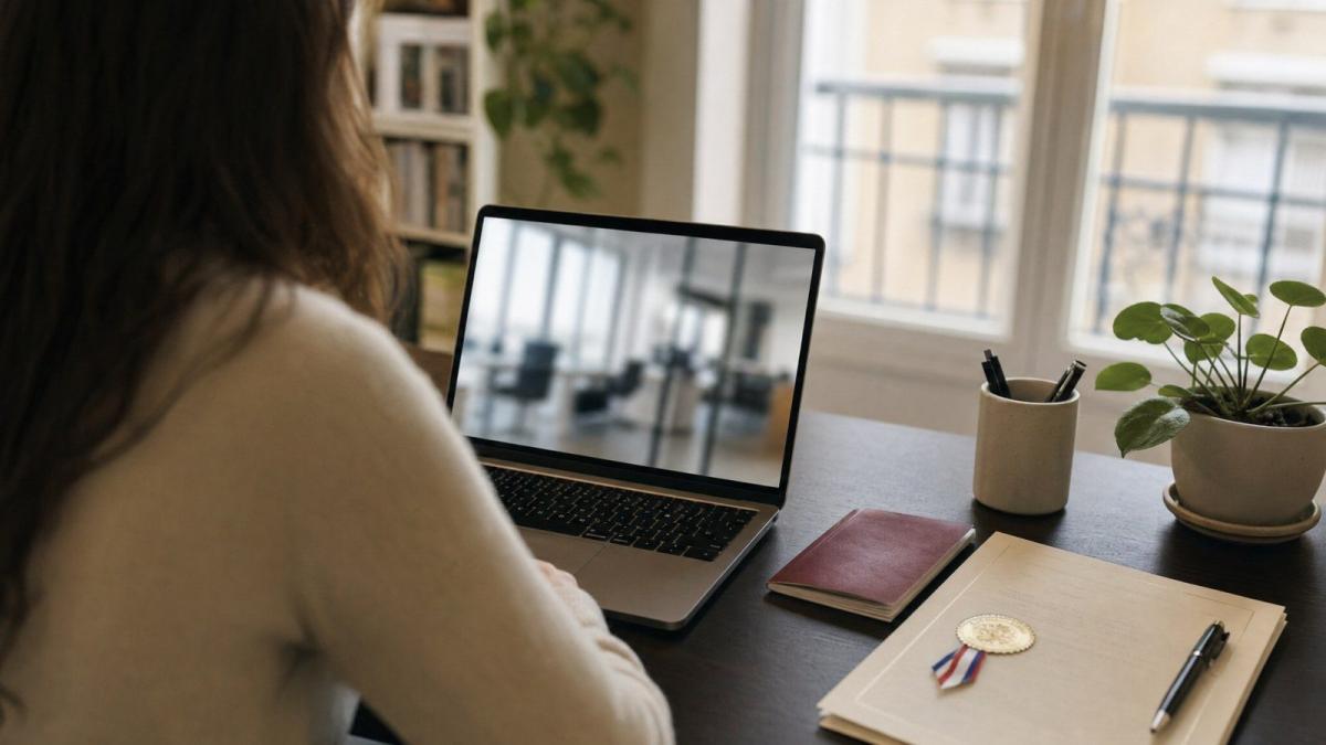 Büroszene mit Person am Laptop, die über VAE-Immobilie kaufen informiert.