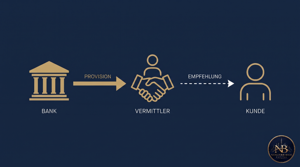 Diagramm über die Provisionsstruktur zwischen Bank, Vermittler und Kunde in Dubai.