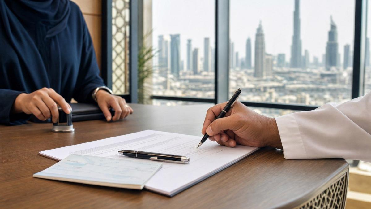Zwei Personen unterzeichnen einen Vertrag zur DLD-Gebühr in Dubai mit Skyline im Hintergrund.