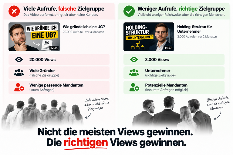 Grafik vergleicht viele Aufrufe mit falscher Zielgruppe und weniger Aufrufe mit richtiger Zielgruppe auf YouTube.