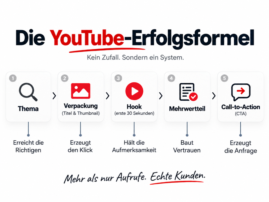 Die YouTube Erfolgsformel zeigt, wie du mit gezieltem Thema, Verpackung und Call-to-Action echte Kunden gewinnst.