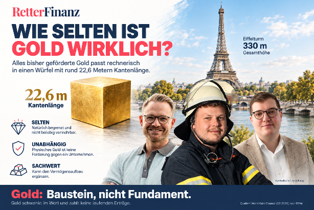 Visualisierung zeigt Goldwürfel und Feuerwehrmann mit Informationen über Gold als Edelmetall.