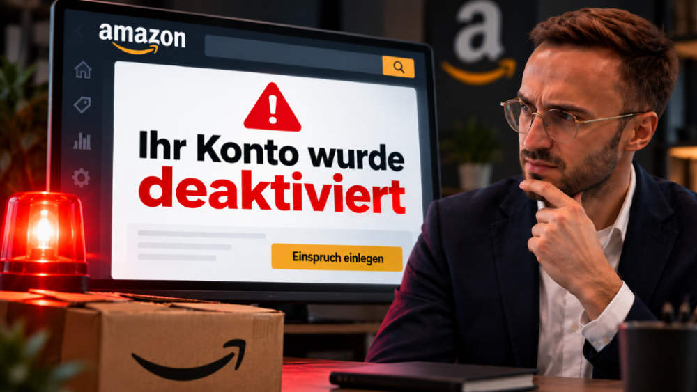 Mann schaut besorgt auf Bildschirm mit Meldung zu Amazon Kontosperrung.