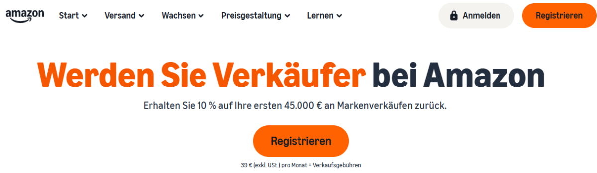 Registrierungsseite für den Amazon Seller Account mit dem Button zum Registrieren.