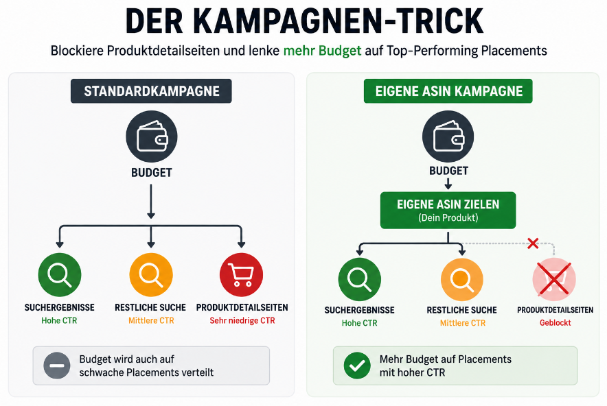 Visualisierung der Amazon PPC Strategie mit dem Kampagnen-Trick zur Budgetlenkung.