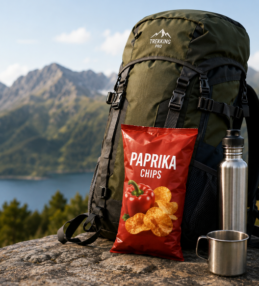 Paprika Chips neben einem Trekkingrucksack im Freien – Amazon Produktbilder.