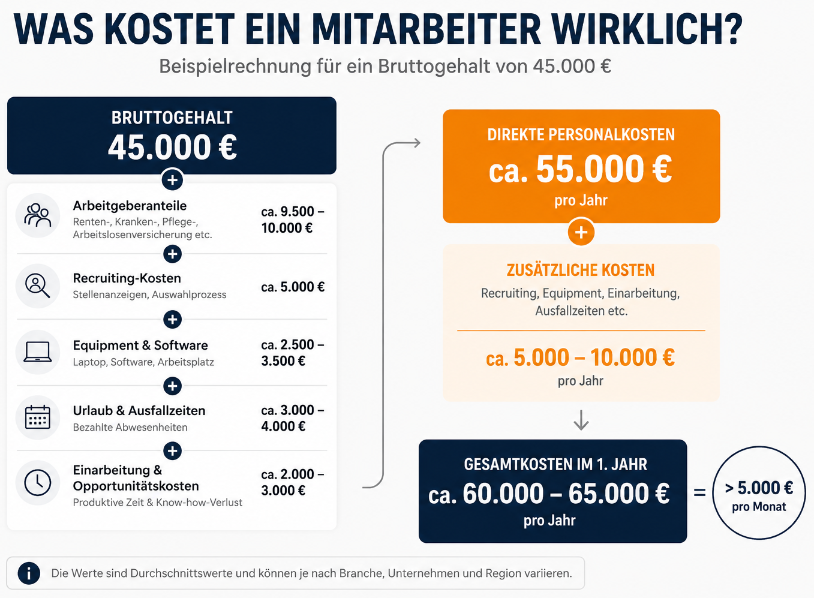 Grafik zeigt die Kostenübersicht für einen Mitarbeiter mit einem Bruttogehalt von 45.000 €.