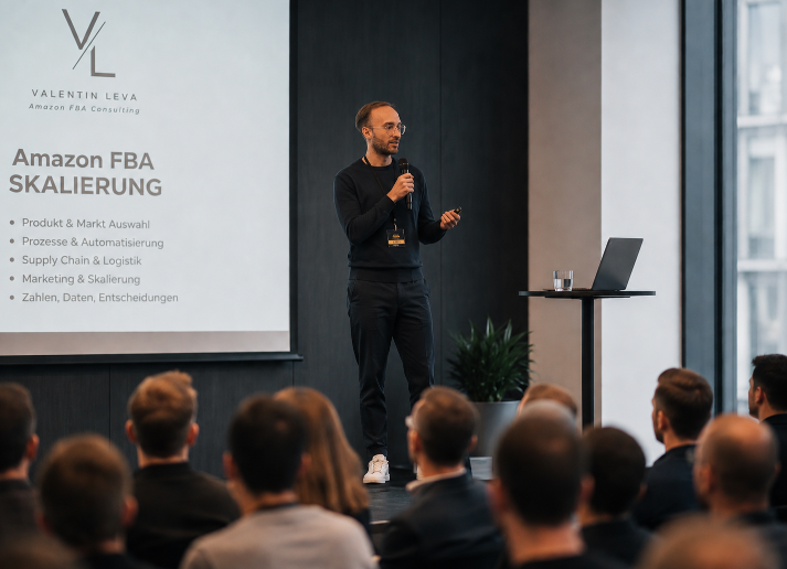 Vortrag über Amazon FBA Skalierung auf einer Konferenz.