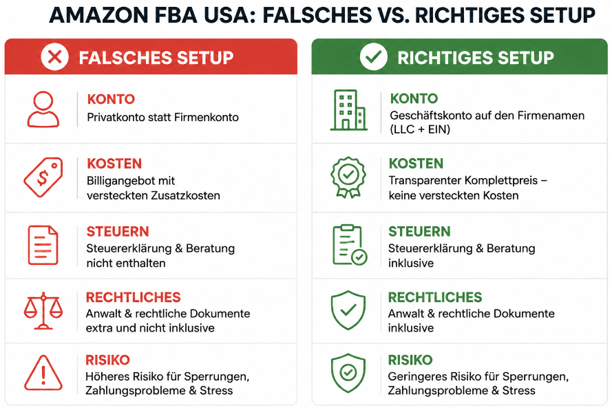Vergleich zwischen falschem und richtigem Setup für Amazon FBA USA.
