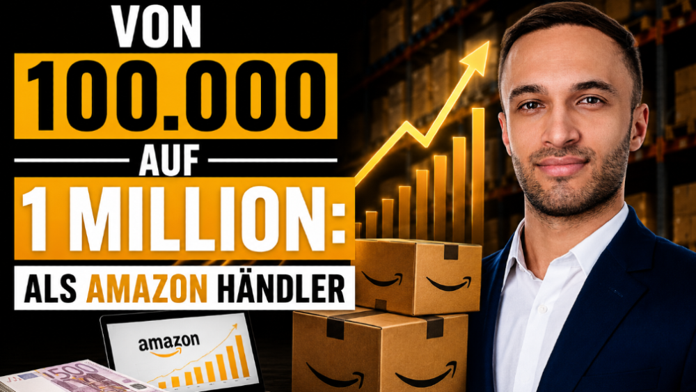 Junger Mann steht mit Paketen im Hintergrund für Amazon Händler.