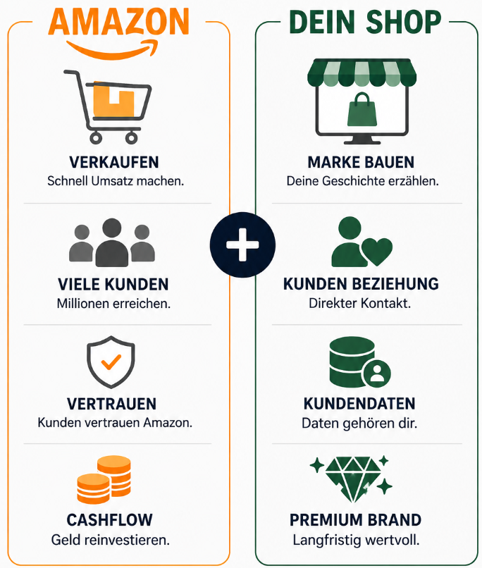 Diagramm zeigt die Vorteile von Amazon und eigenem Shop: Umsatz, Vertrauen, Markenaufbau.