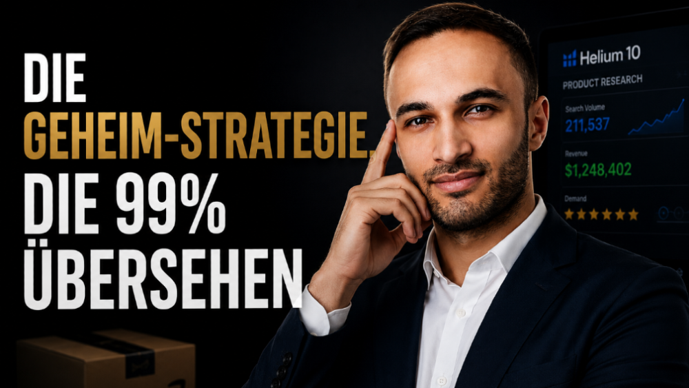 Mann zeigt mit Finger auf seine Schläfe und präsentiert die Geheim-Strategie für Amazon FBA.