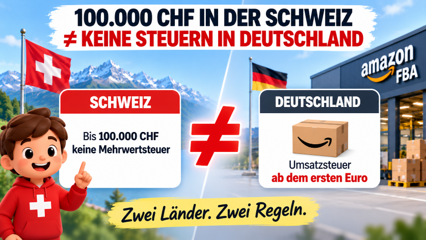 Infografik zu Amazon FBA Schweiz und Deutschland mit Steuerunterschieden.