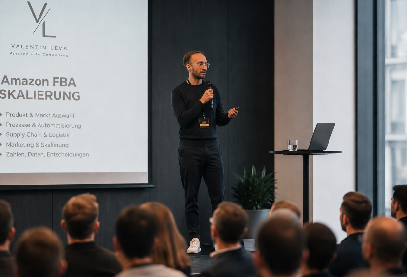 Valentin Leva spricht über Amazon FBA Skalierung auf einer Veranstaltung.