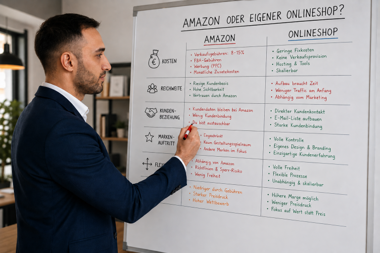 Eine Person erklärt die Vor- und Nachteile von Amazon oder eigenem Onlineshop auf einem Flipchart.