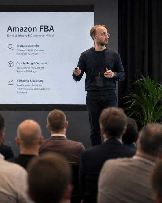 Präsentation über Amazon FBA mit Fokus auf Produkte und Versand.