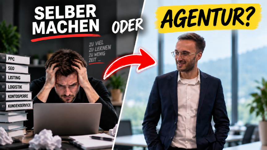 Mann in Anzug diskutiert über Amazon Management delegieren oder selber machen.