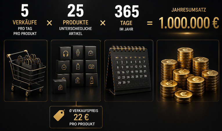 Grafik zeigt, wie man den Amazon FBA Umsatz steigern kann: 5 Verkäufe pro Produkt bei 22 Euro.