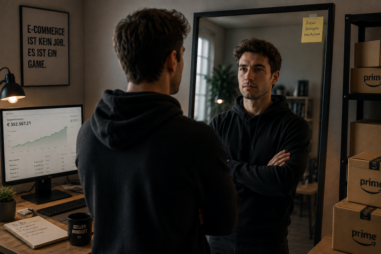 Mann betrachtet sich im Spiegel und reflektiert über Fehler im Amazon FBA Business.