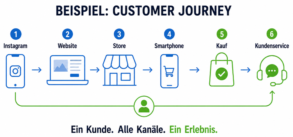 Darstellung der Customer Journey mit verschiedenen Kanälen: Instagram, Website, Store, Smartphone, Kauf, Kundenservice.