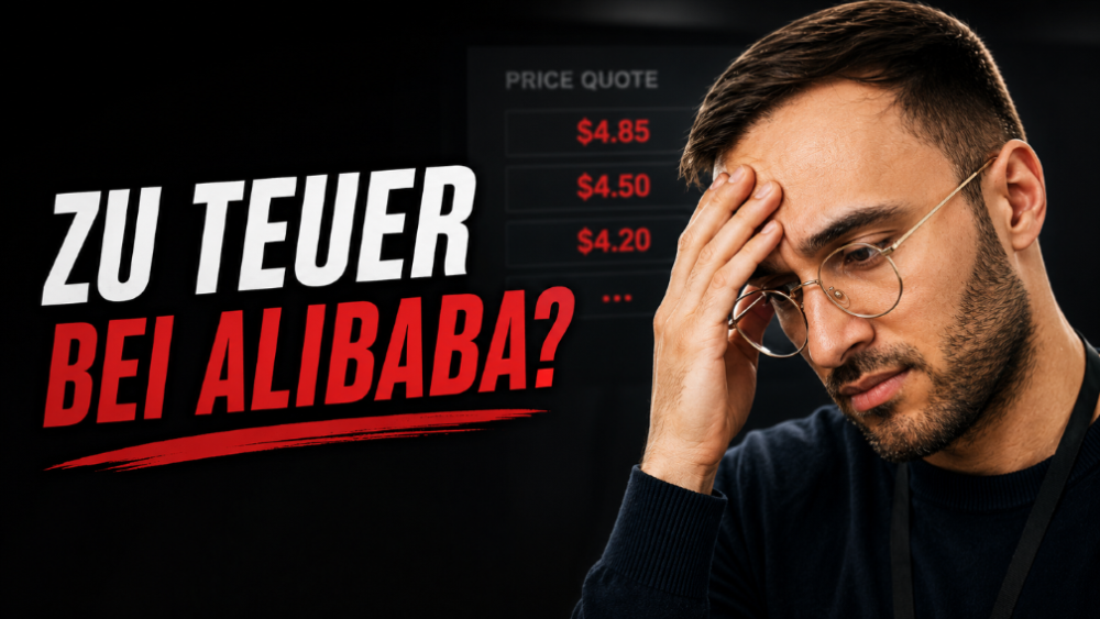 Mann schaut skeptisch auf hohe Preisangebote bei Alibaba.