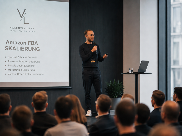 Valentin Leva präsentiert zum Thema Amazon FBA Skalierung vor Publikum.