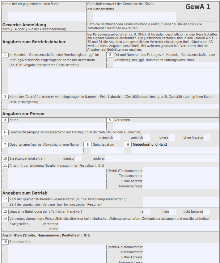Das Formular zur Gewerbeanmeldung für ein Einzelunternehmen.
