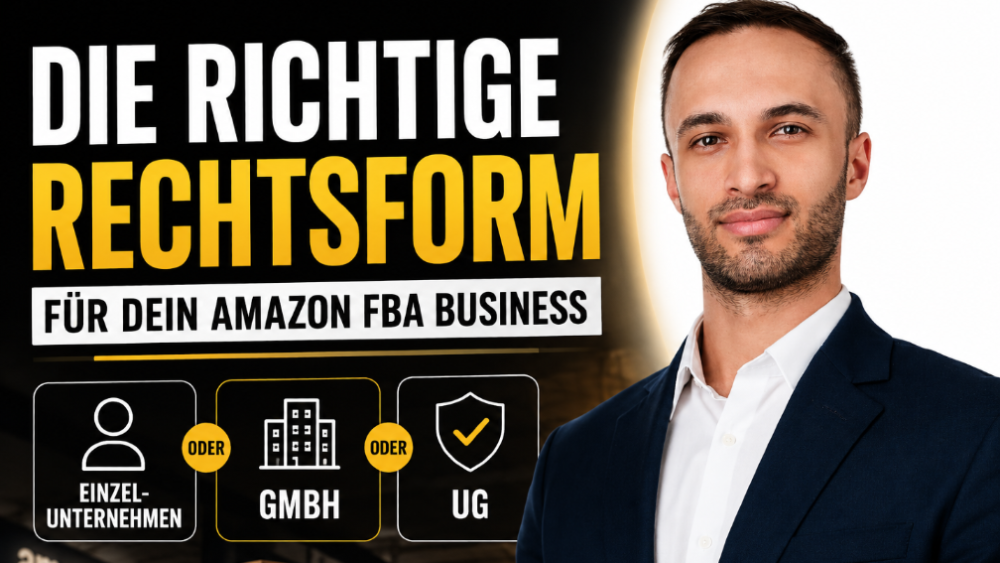 Ein Mann steht vor einem Hintergrund und erklärt die richtige Rechtsform für dein Amazon FBA Business.